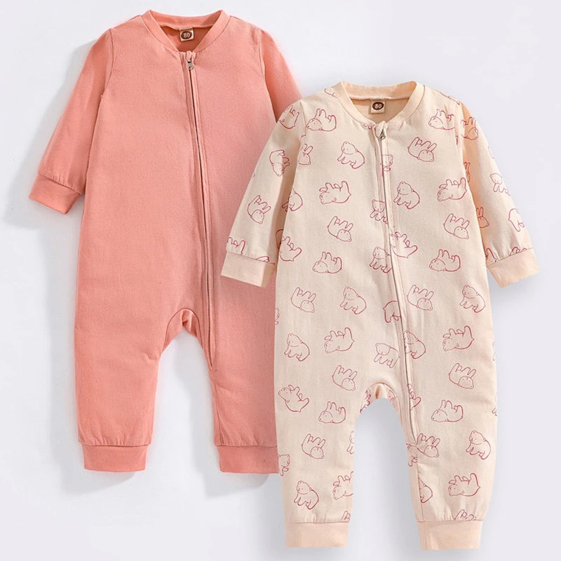 Wholesale Baby Girls' Rompers Zipper Knit Solid Clothes Jumpsuits 100% Cotton Baby Onesie