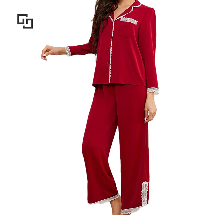 Cotton Pajamas Women Burgundy Pajama Set Cotton Woman Contrast Lace Long Sleeve Cotton Pajamas