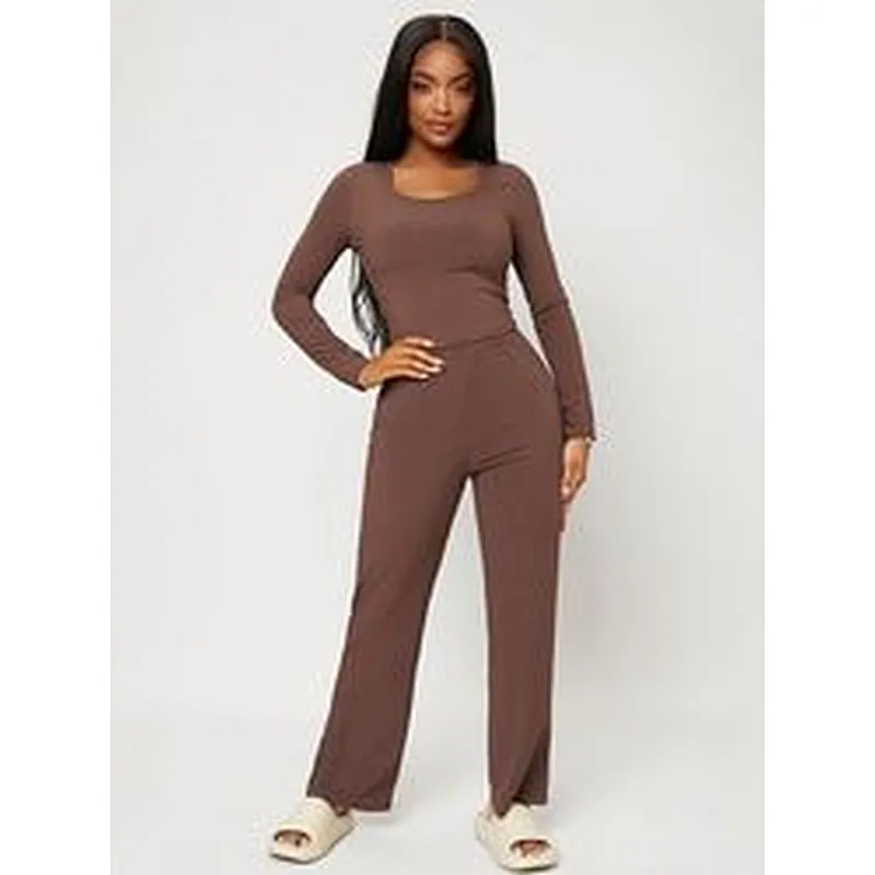 2022 Ribbed Long Woman Pajama Solid Custom Loungewear Set Winter Wholesale Vendors Women Cotton Lounge Wear