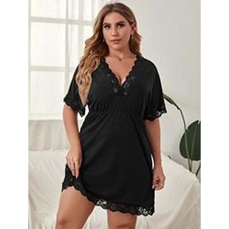V Neck Short Sleeve Night Gown Plus Size Nightgowns Lace Trim Night Dress for Woman