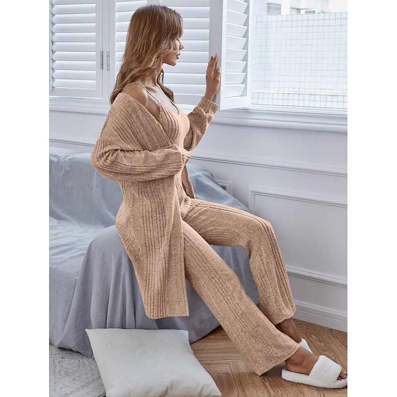 2022 New Femme Pyjama Loungewear Sets Ribbed Cami Pants Pajamas 3 Pieces Custom Women Lounge Wear