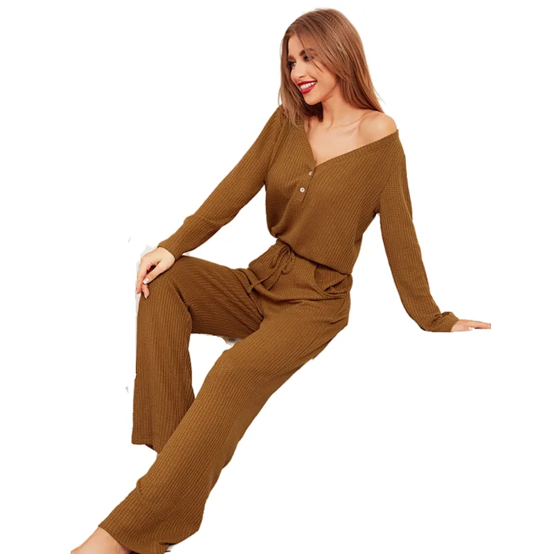 Cozy Femme Pyjamas Solid Waffle Tops With Pants Lounge Wear Set Designer Sleepwear Cotton Women Pajama Set