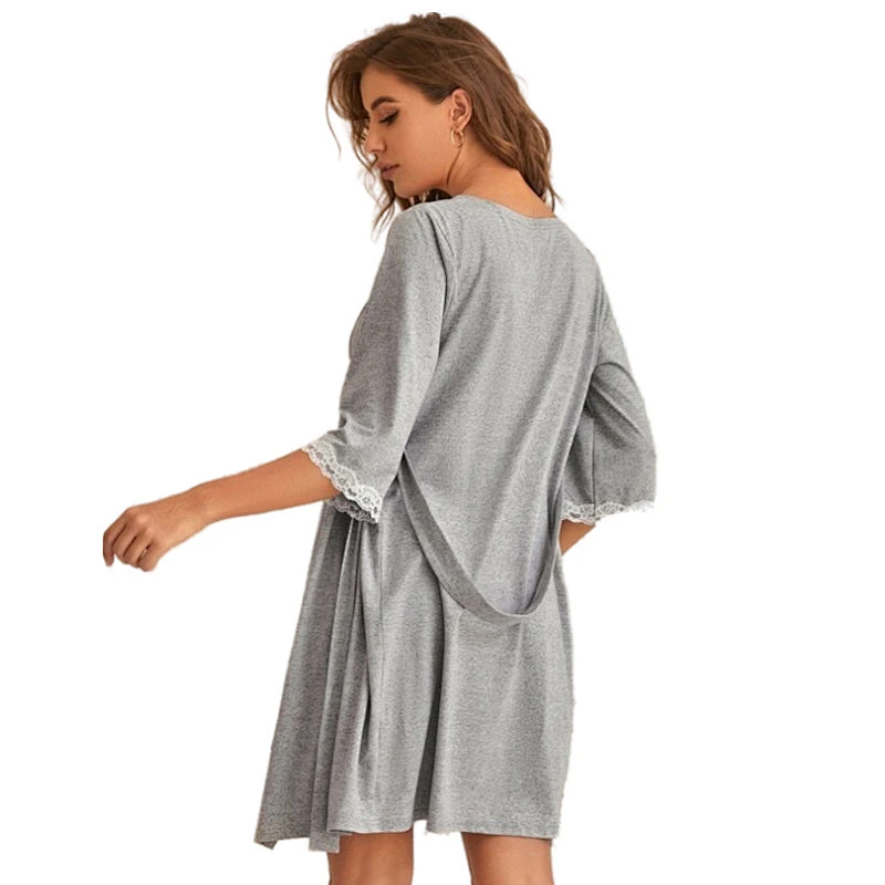 Lace Trim Ruffle Femme Sleep Wear Solid Jersey Knit Cami Dress Robe Sets Chemise Bamboo Cotton Women Bath Robes