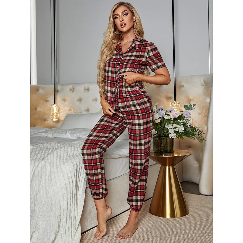 2022 New Fashion Women Plaid Button Through PJ Set Two Pieces Cotton Pajamas