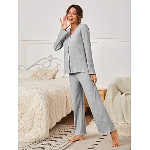 Long Sleeve Button Front V Neck Women Pyjamas Rib Knit Contrast Piping Custom Cotton Pajama Sets