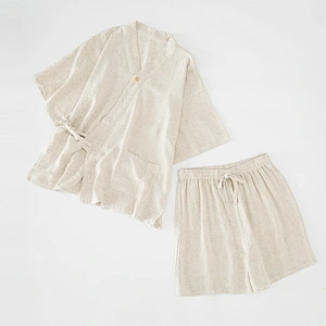 Belt Cozy 2 Pieces Breathable Solid Pajamas Woven Summer Short Cotton Pyjama Linen Women Lounge Wear