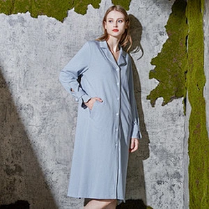 Ladies Spring Autumn Pyjama Medium Length 100% Cotton Night Dress Long Sleeves Solid Color Lapels Pajamas