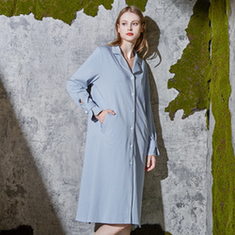 Ladies Spring Autumn Pyjama Medium Length 100% Cotton Night Dress Long Sleeves Solid Color Lapels Pajamas