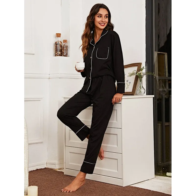 Lapel Collar Button Front Contrast Binding Pajama Set  Woman Pajamass