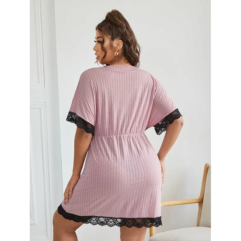 V Neck Short Sleeve Night Gown Plus Size Nightgowns Lace Trim Night Dress for Woman