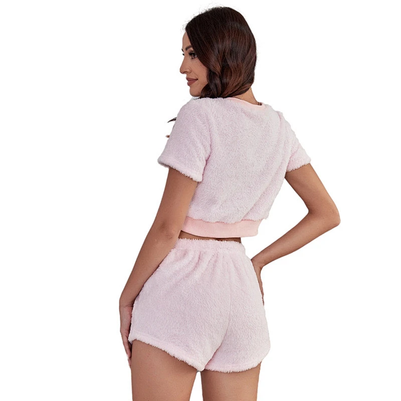 Letter Embroidery Flannel Femme Pyjamas Fleece Short Cozy Pajama Set Short Fuzzy Women Lounge Wear Set