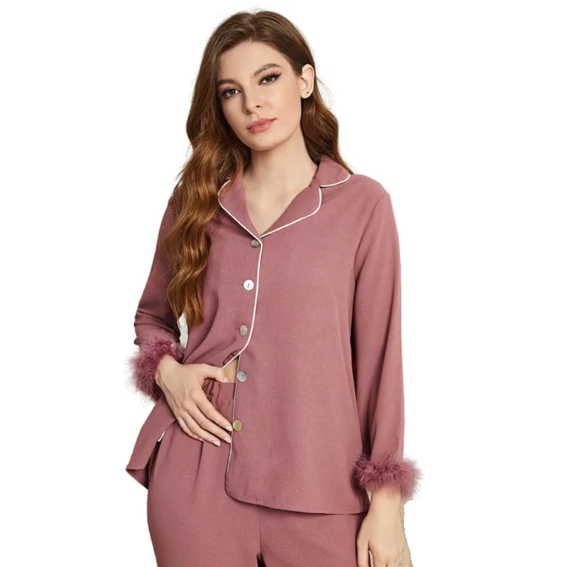 Pyjama Pour Feeme Fur Sleepwear Pijamas Feather Trim Cotton Pjs Wholesale Fuzzy Women Cozy Pajama Sets