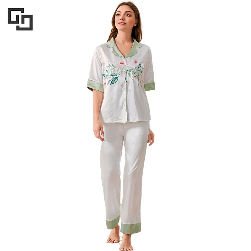 Luxury Women Sleepwear Floral Pyjama Ladies Nihgtwear Clothing Women Satin Silk Pajama Set