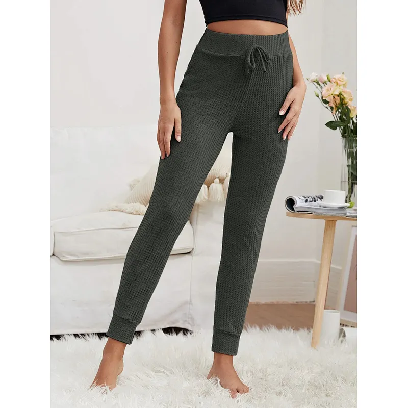 Custom Casual Pajama Pants Waffle Knit Tie Front Solid Women Lounge Pants
