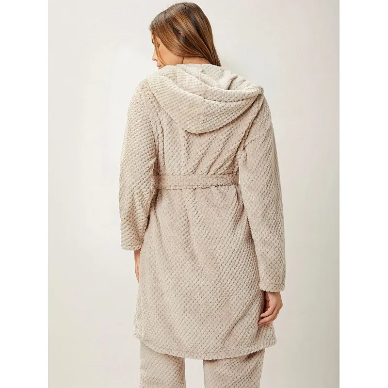 Winter Thermal Bathrobe Belted Dual Pocket Flannel Lounge Wear Hooded Custom Robe