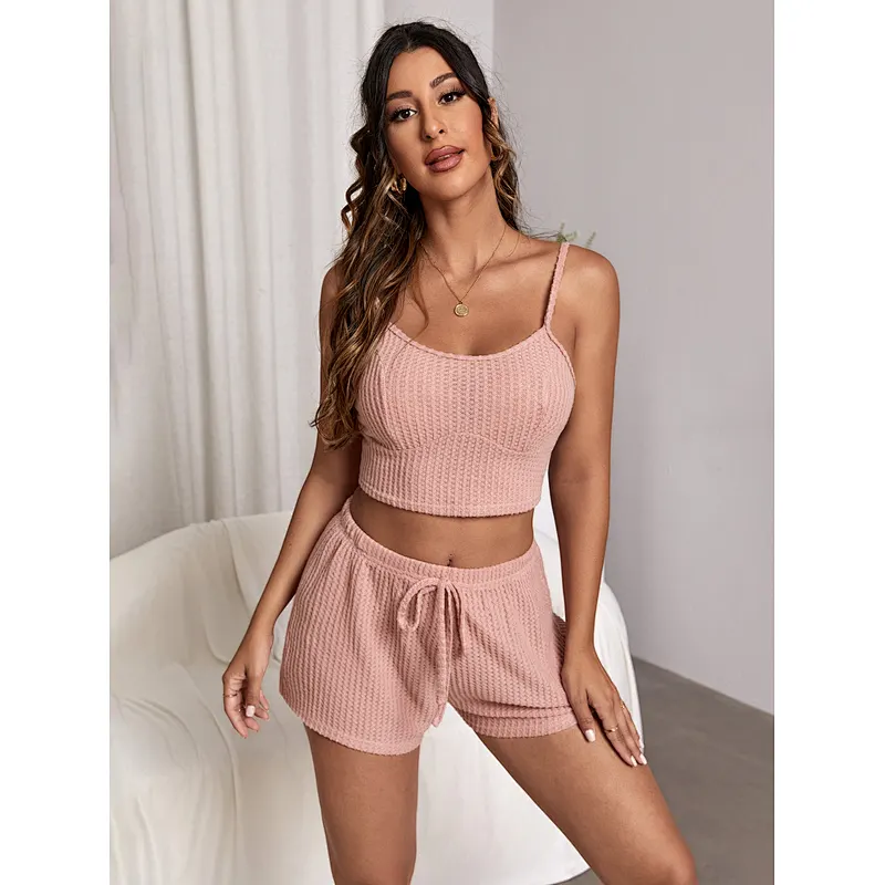 Wholesale Ladies Pyjama Waffle Solid Pijama Cami Sleepwear Pajama Set Women Cotton Pajama Set
