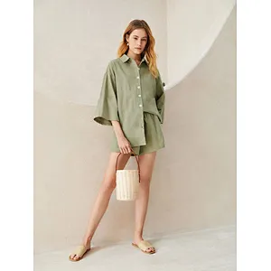 Summer Solid Cotton Loungewear Drop Shoulder Blouse & Shorts Set Womens Linen Pyjamas Set
