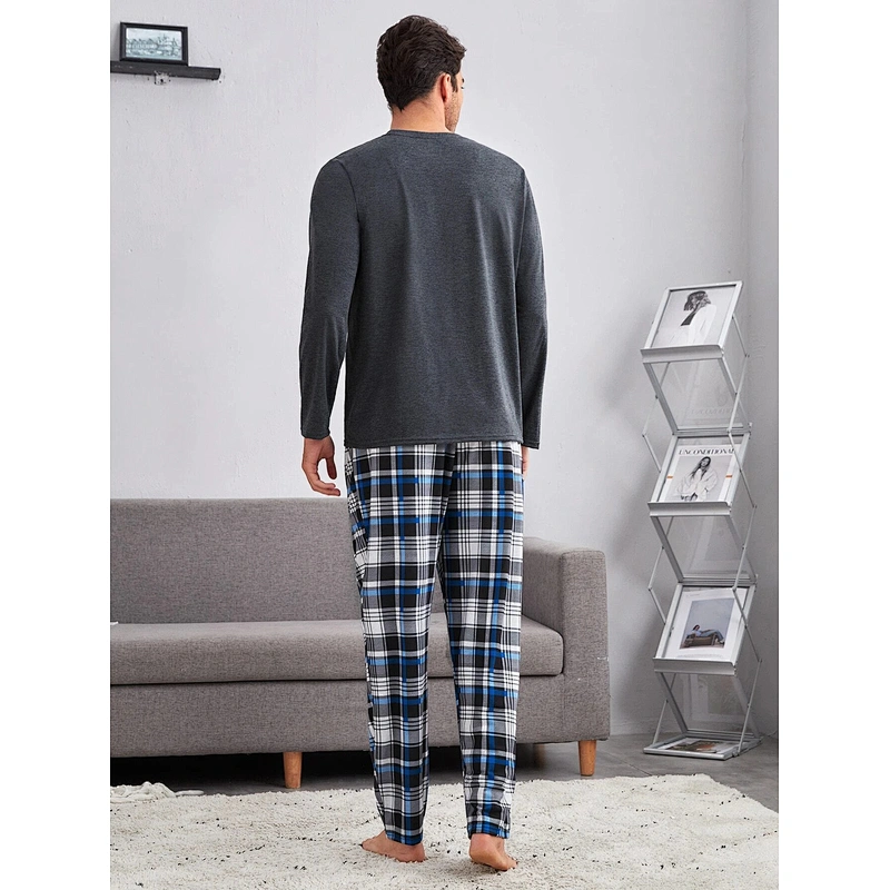 Custom Cotton Men's Sleepwear Palm Tree Print Sleep Tee & Plaid Sleep Pants Pajamas Man