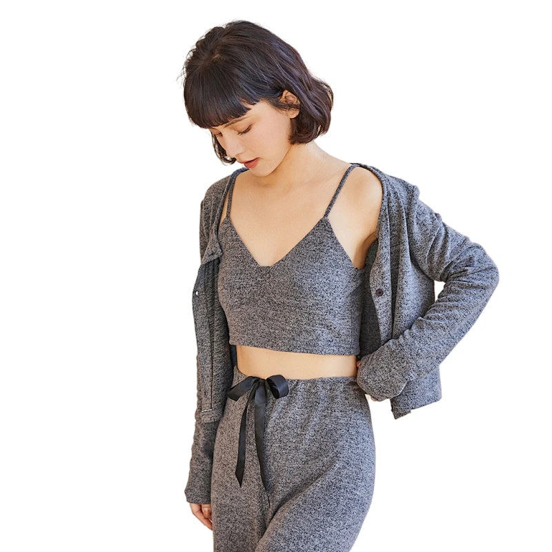 3 Pieces Top Cami Drawstring Pants Femme Pyjamas Set Designer  Winter Thick Pajamas Women