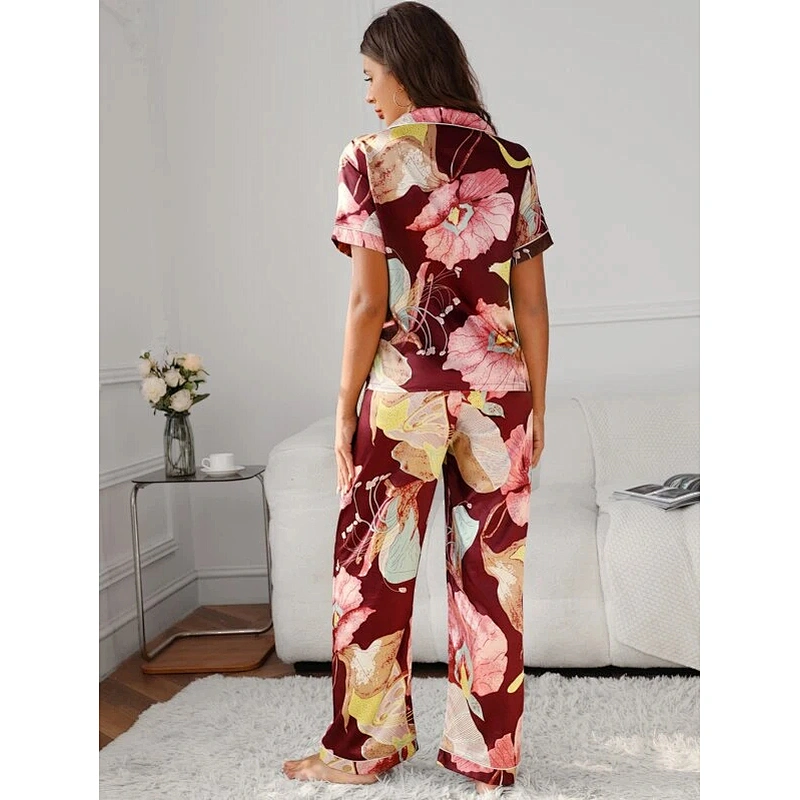 2022 New Custom Long Floral Silk Pyjamas Sleepwear Luxury Pajamas Pj Sets For Women