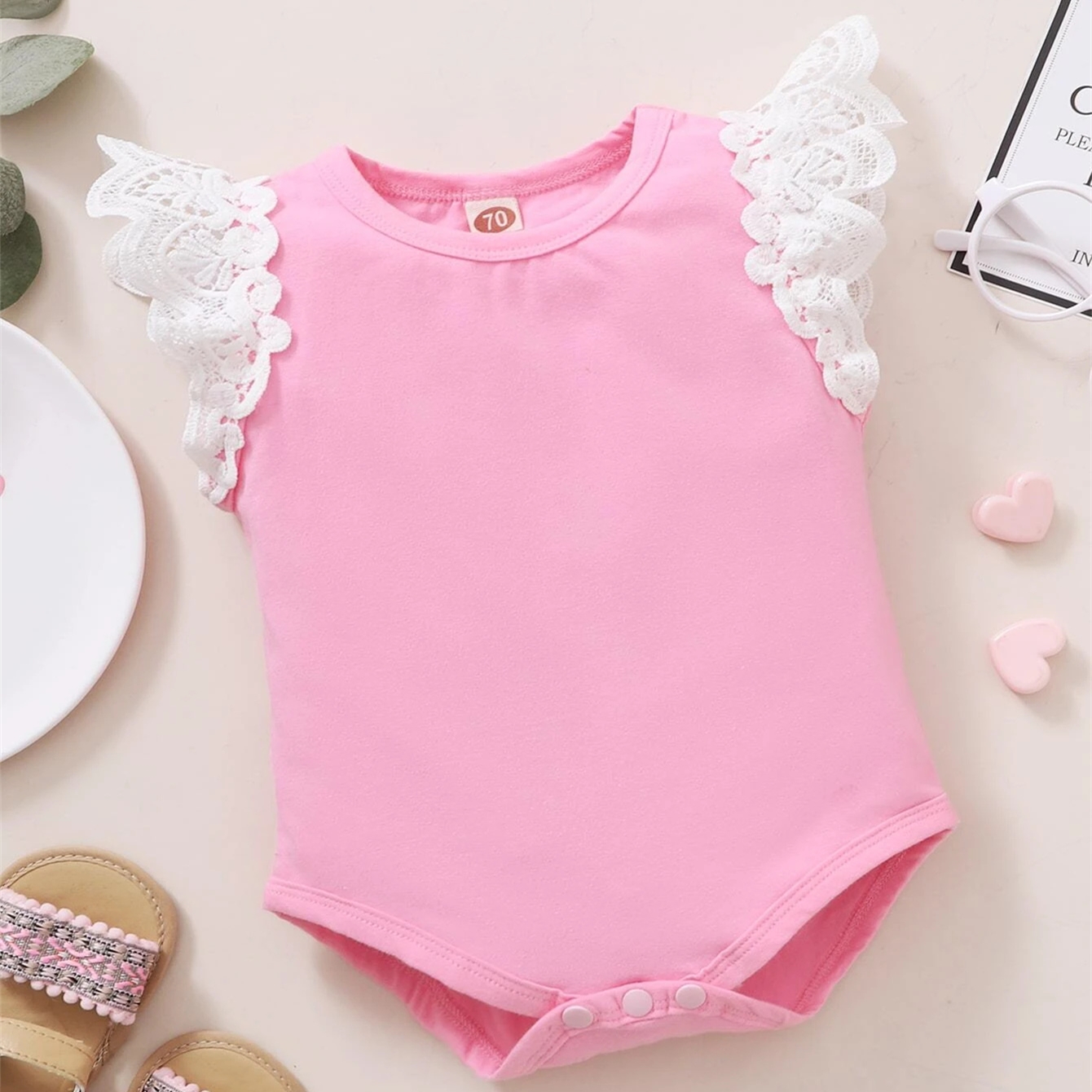 Cute Baby Guipure Lace Trim Bodysuit Sleeveless Cotton Baby Girls' Rompers