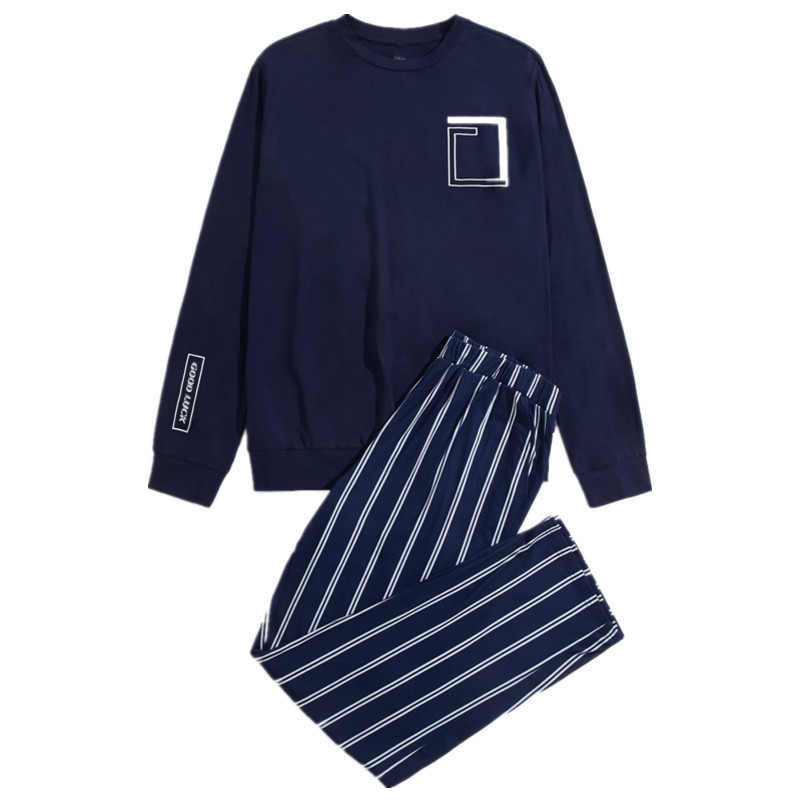 Letter Top With Striped Pants Men's Pajama Sets Custom Winter Knit Cozy Cotton 2 Pcs Pyjamas For Men