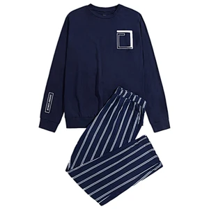 Letter Top With Striped Pants Men's Pajama Sets Custom Winter Knit Cozy Cotton 2 Pcs Pyjamas For Men