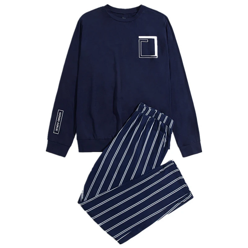 Letter Top With Striped Pants Men's Pajama Sets Custom Winter Knit Cozy Cotton 2 Pcs Pyjamas For Men