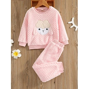 Winter Girls Baby Pink Pajamas Cartoon Sheep Embroidered 3D Ear Design Flannel PJ Set for Kids