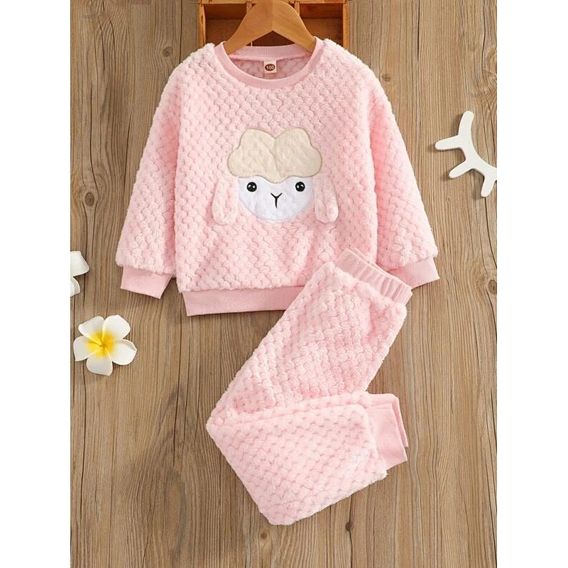 Winter Girls Baby Pink Pajamas Cartoon Sheep Embroidered 3D Ear Design Flannel PJ Set for Kids