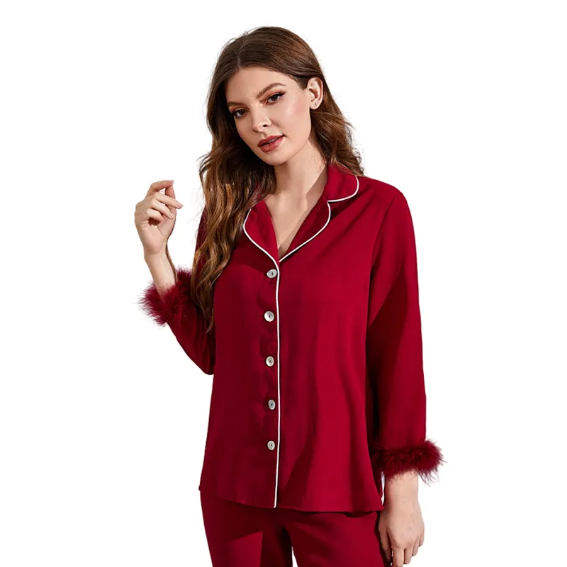 Pyjama Pour Feeme Fur Sleepwear Pijamas Feather Trim Cotton Pjs Wholesale Fuzzy Women Cozy Pajama Sets