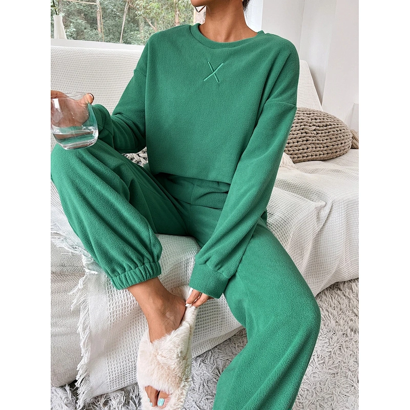 2022 New Arrival Two Pieces Letter Embroidery Drop Shoulder Flannel Sweatshirt & Pants Lounge Set
