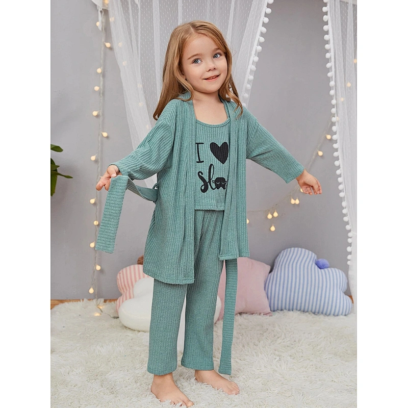 Kids Girls 3pcs Pijamas Sleepwear Slogan Graphic Belted PJ Set Cotton Children Clothes Pajama Set