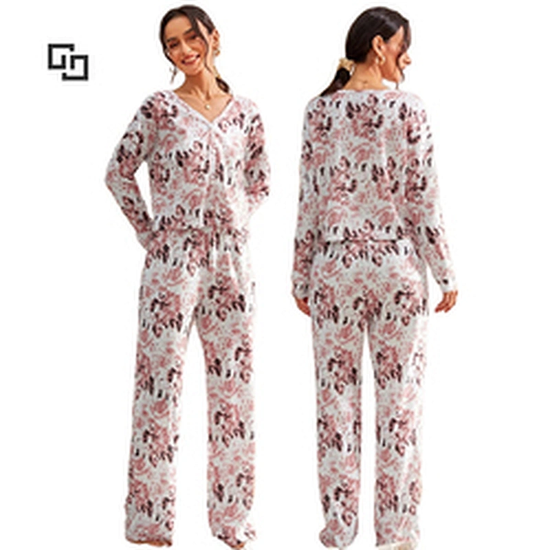 2022 New Arrival Tie Dye Drop Shoulder Women Waffle Knit Home Lounge Wear Cotton Pajama Set