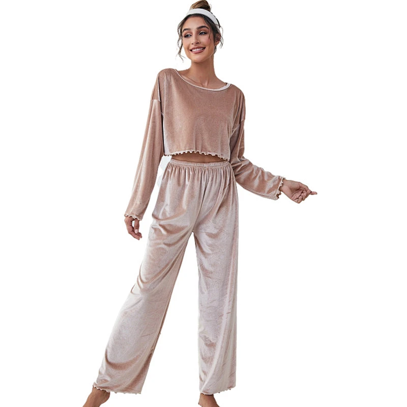 Winter Thick Solid Tops With Pants Fleece Pajama Sets Long Sleeve Custom Pj Set Velvet Femme Pyjamas