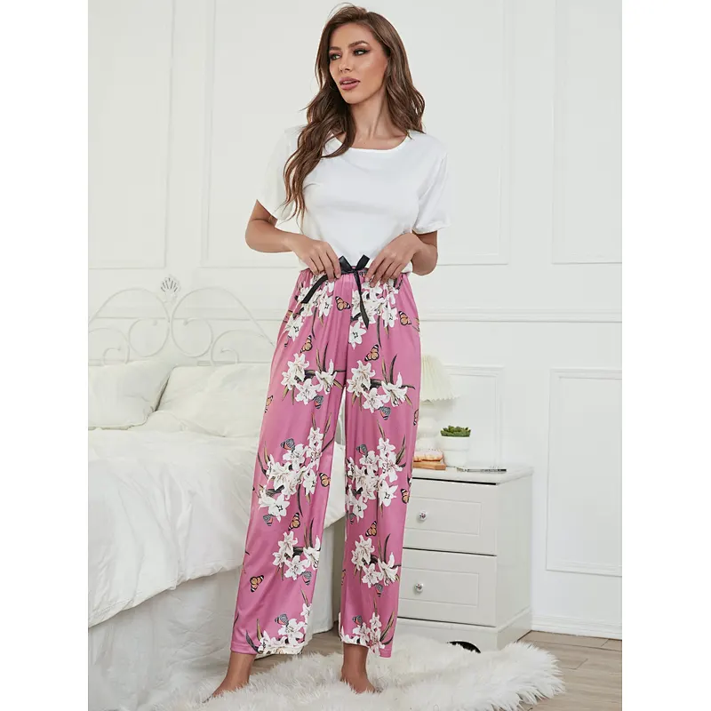 Floral Print Summer Homewear Women Cotton Pajamas Adult PJ Sets Girls Ladies Loungewear
