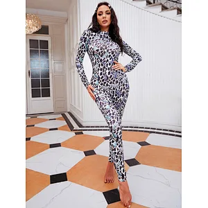 Leopard & Butterfly Print Y2K Clothing Long Sleeve Onesie for Women Backless One Piece Jumpsuit