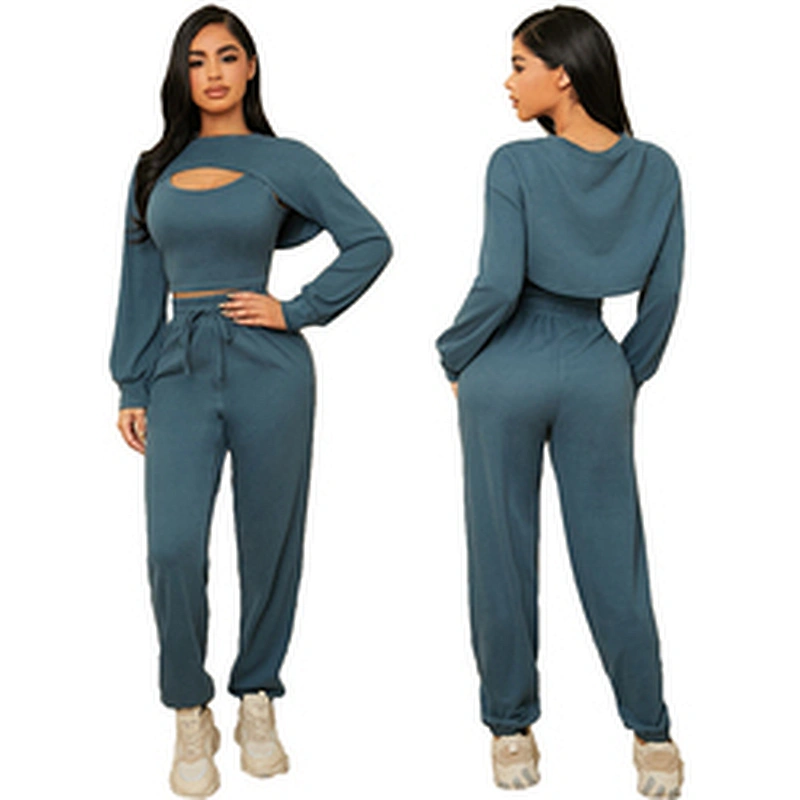 3pcs Casual Lounge Wear Custom Sweatsuit Scoop Neck Tank Top & Super Crop Pullover & Pants Loungewear Set