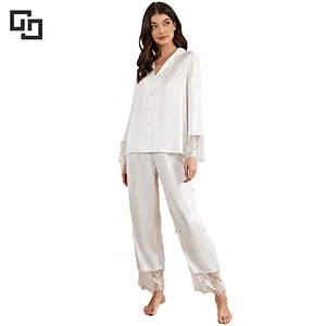 Lace Panel Lapel Collar SatinWinter Home Wear Sleepwear Women Pyjamas Sets Cotton Long Pajama Pyjamas