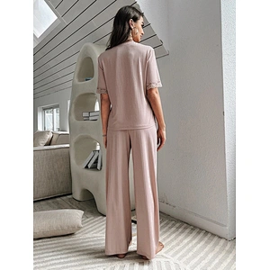 Pajamas Shorts Sets Pink Bamboo Viscose Women Sleepwear Contrast Lace Tee & Pants Bamboo Viscose Pajamas Women