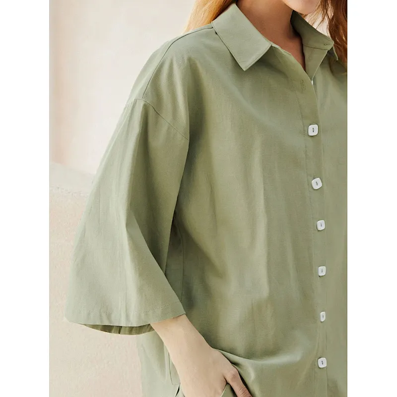 Summer Solid Cotton Loungewear Drop Shoulder Blouse & Shorts Set Womens Linen Pyjamas Set