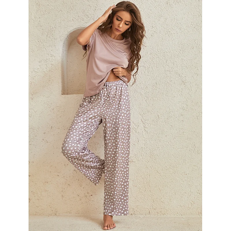 Solid Tee & Confetti Heart Print Pants Lounge Set  Casual Pyjama Wholesale Women Loungewear