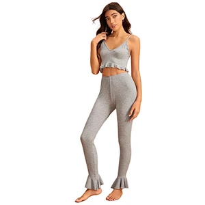 Ruffle Frill Rib Knit Cami Lounge Wear Yoga Solid Soft Clothing Pijamas Summer Cotton Jersey Women Pajamas