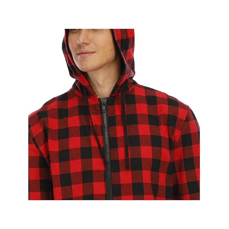 Male Adult Men Gingham Kangaroo Pocket Hooded Cotton Sleep Zipper Jumpsuit One Piece Pajamas