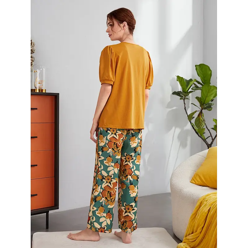 2022 Top Floral Print Pants Lounge Wear Woman Pyjama Long Cotton Women Pajamas Sets