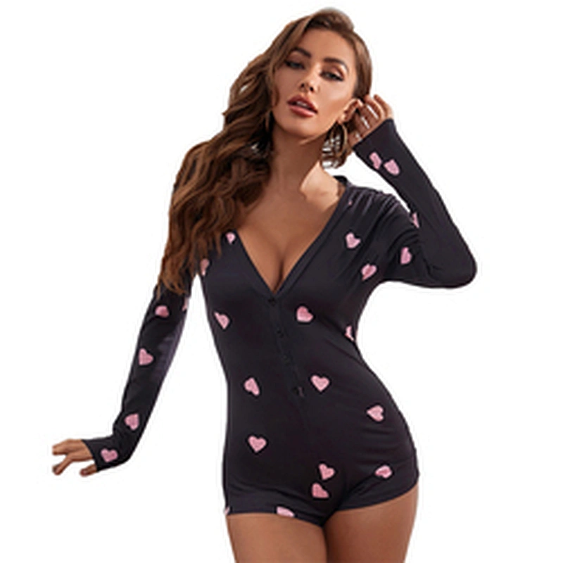 Custom Valentine Pajamas Women Button Front Romper Heart Print Valentine's Day Onesie