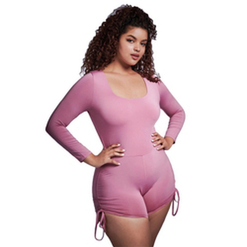 Scoop Neck Plus Size Jumpsuits Skinny Bodysuit Plus Drawstring Side Unitard Womens Romper