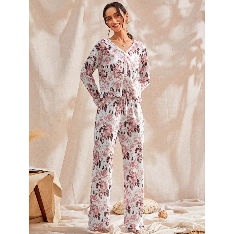 2022 New Arrival Tie Dye Drop Shoulder Women Waffle Knit Home Lounge Wear Cotton Pajama Set