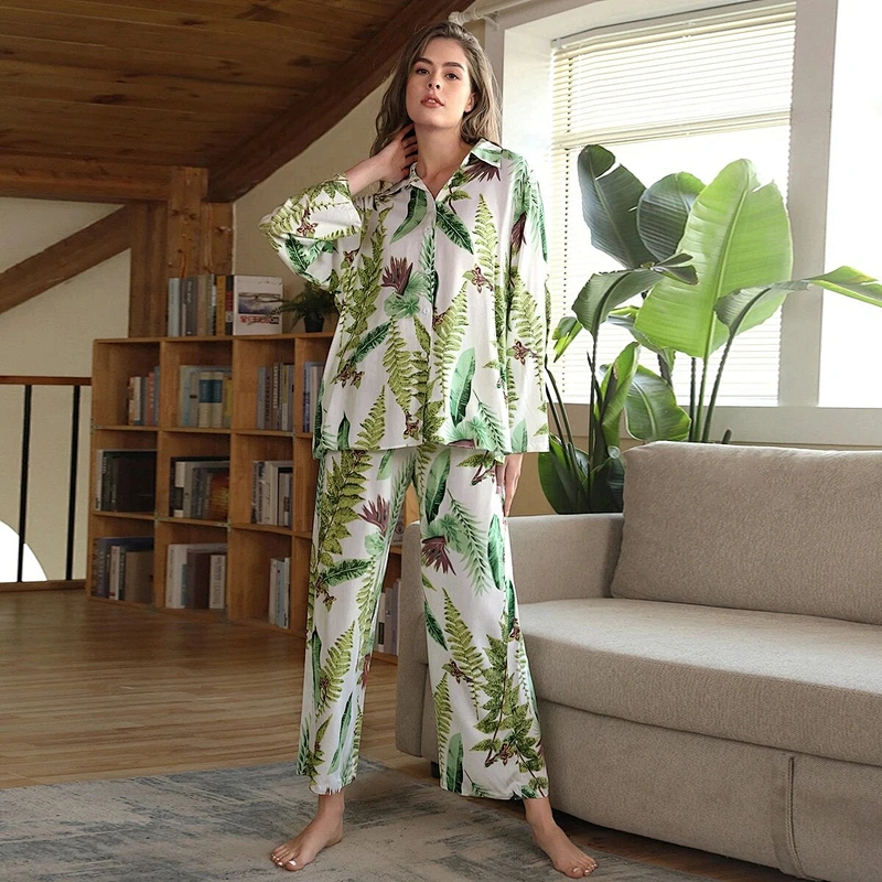Floral Long Organic Cotton Pyjamas Custom Bamboo Viscose Women Pajama