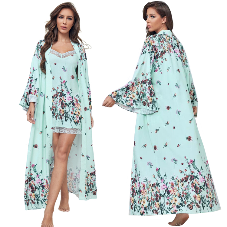 Floral Custom Ankle Length Silk Women Kimono Robe Long Thin Positioning Print Light Weight Lounge Robes for Women